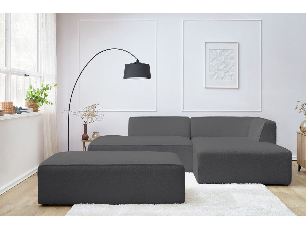Canapé d'angle fixe modulable MEGEVE tissu bouclette avec pouf Angle droit