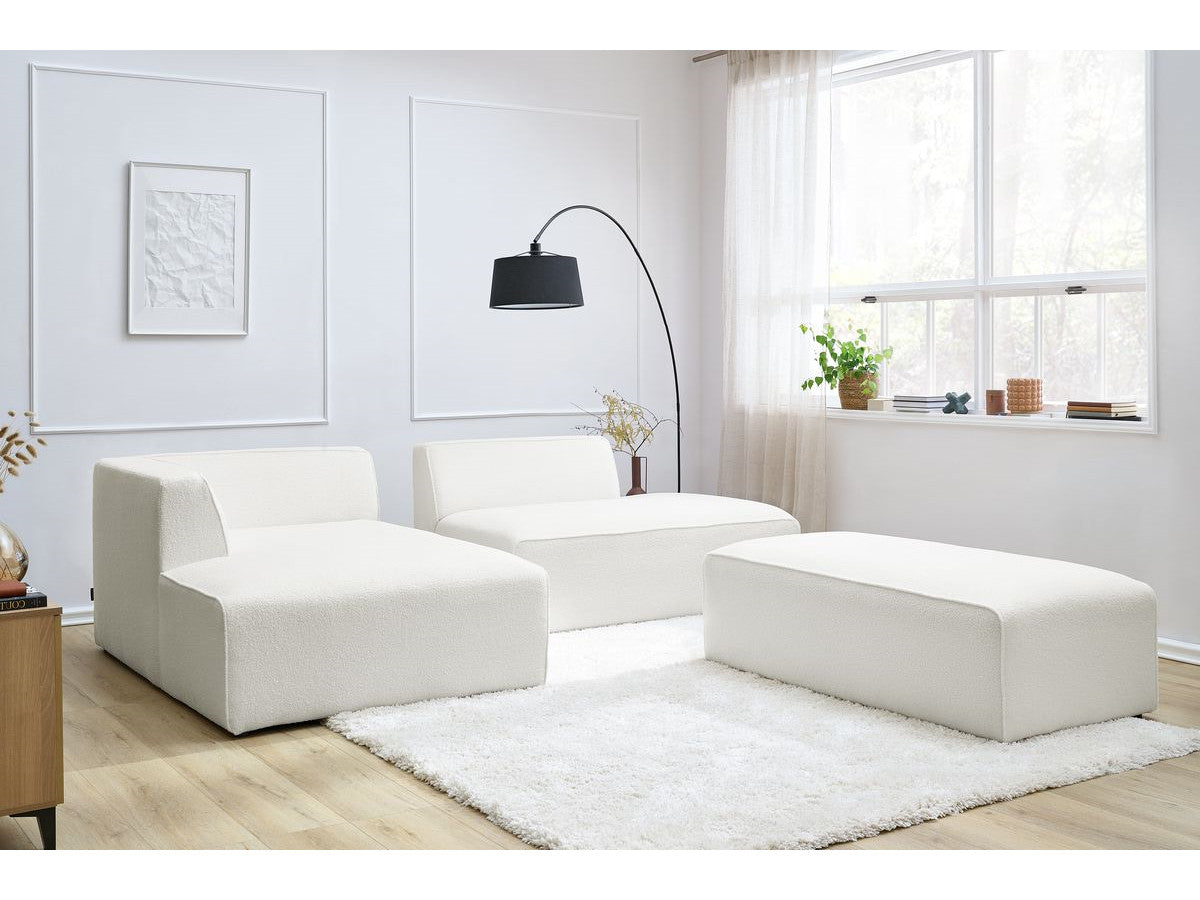 Canapé d'angle fixe modulable MEGEVE tissu bouclette avec pouf Angle gauche