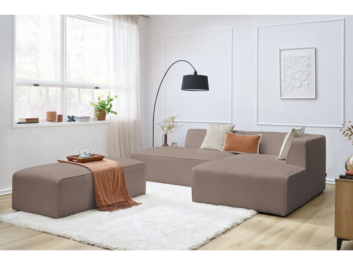 Canapé d'angle fixe modulable MEGEVE tissu bouclette avec pouf Angle droit