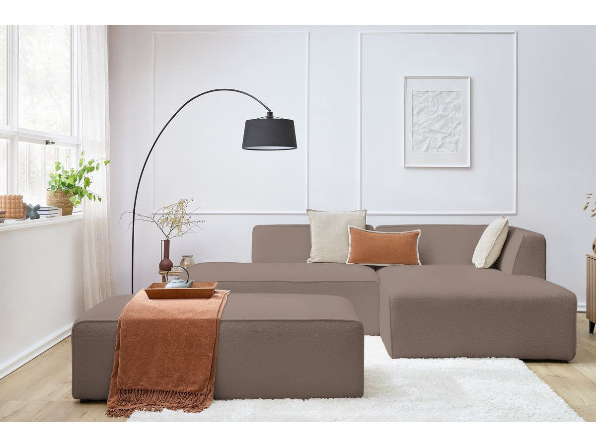 Canapé d'angle fixe modulable MEGEVE tissu bouclette avec pouf Angle droit