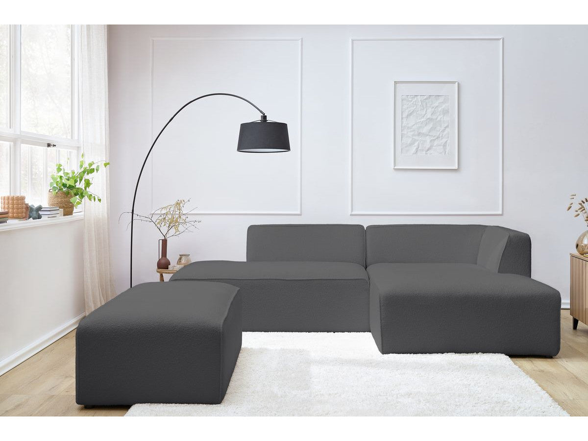 Canapé d'angle fixe modulable MEGEVE tissu bouclette avec pouf Angle droit