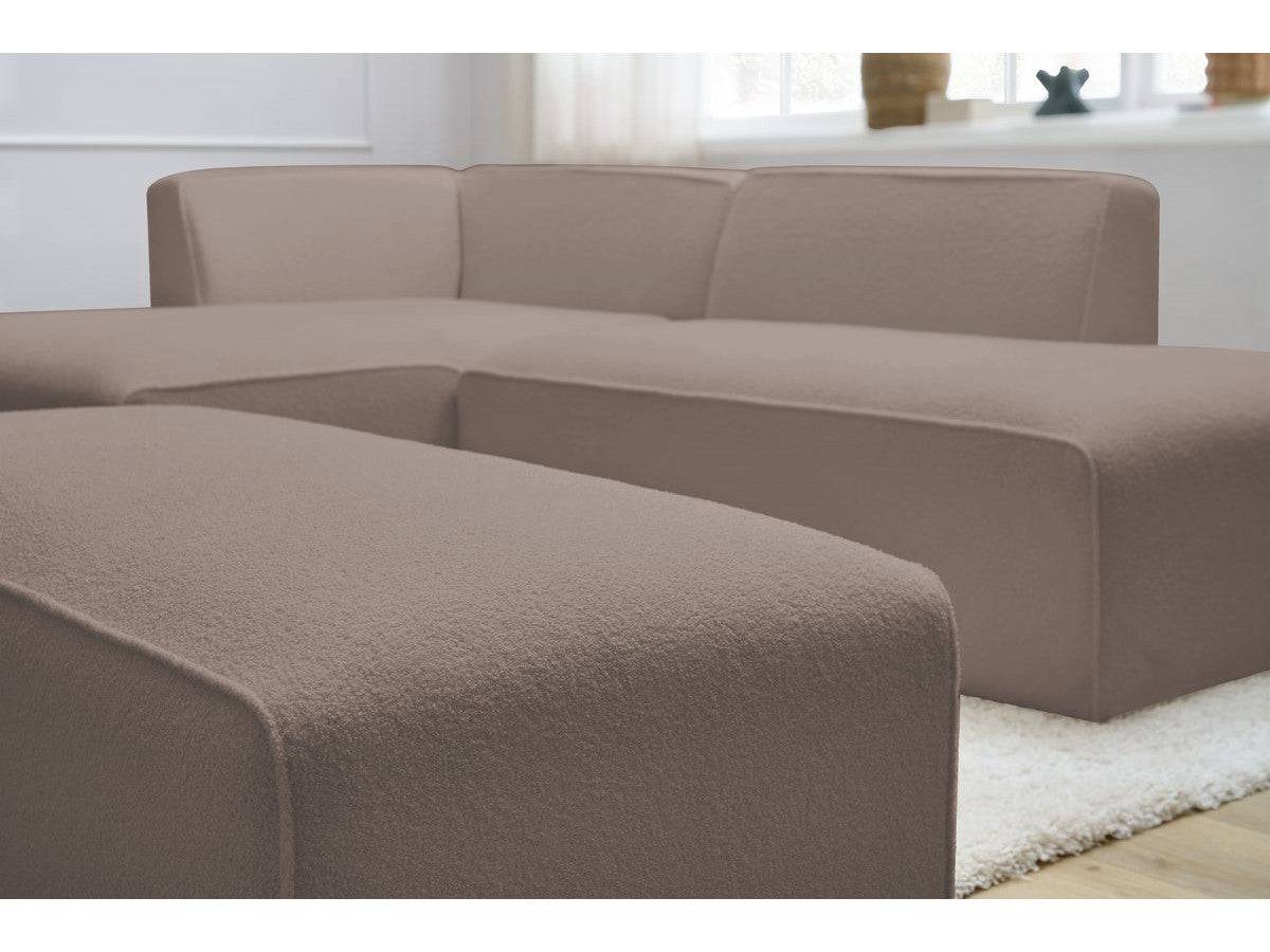 Canapé d'angle fixe modulable MEGEVE tissu bouclette avec pouf Angle gauche