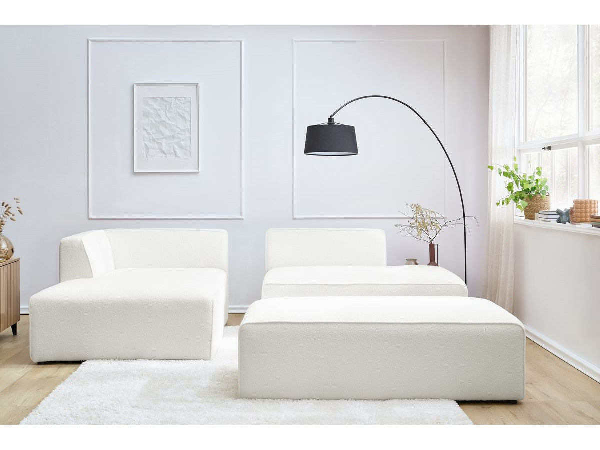 Canapé d'angle fixe modulable MEGEVE tissu bouclette avec pouf Angle gauche