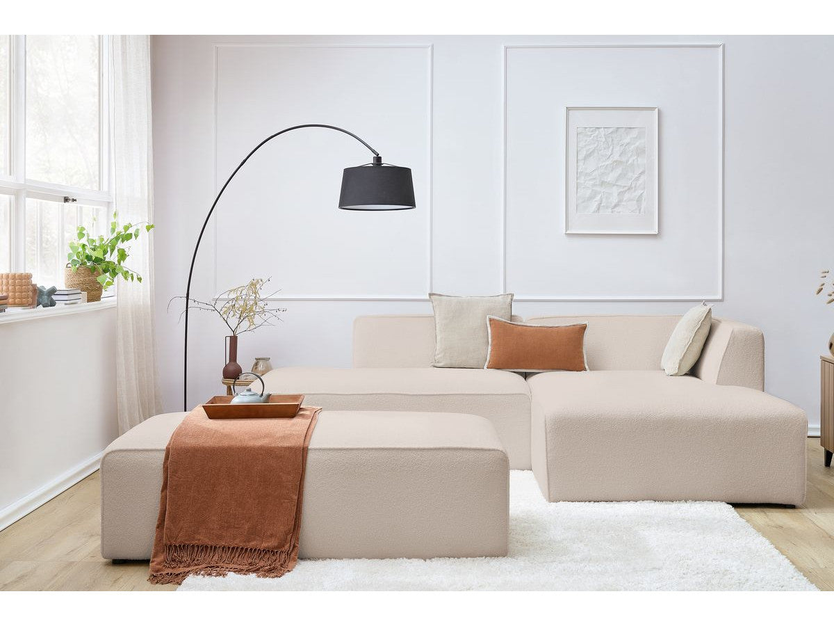 Canapé d'angle fixe modulable MEGEVE tissu bouclette avec pouf Angle droit