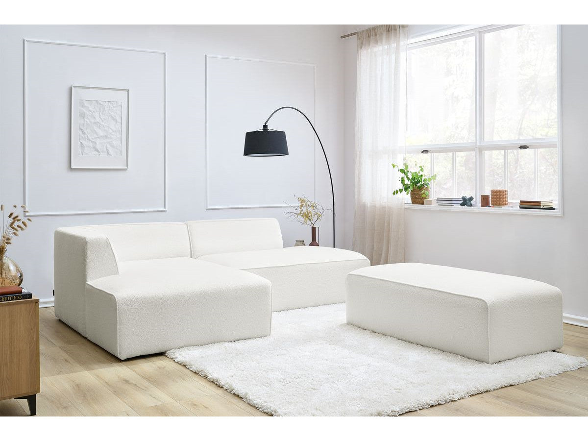 Canapé d'angle fixe modulable MEGEVE tissu bouclette avec pouf Angle gauche