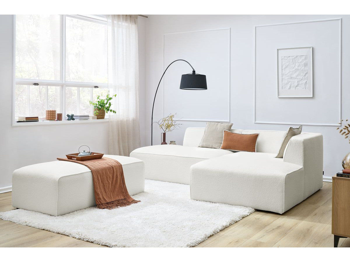 Canapé d'angle fixe modulable MEGEVE tissu bouclette avec pouf Angle droit