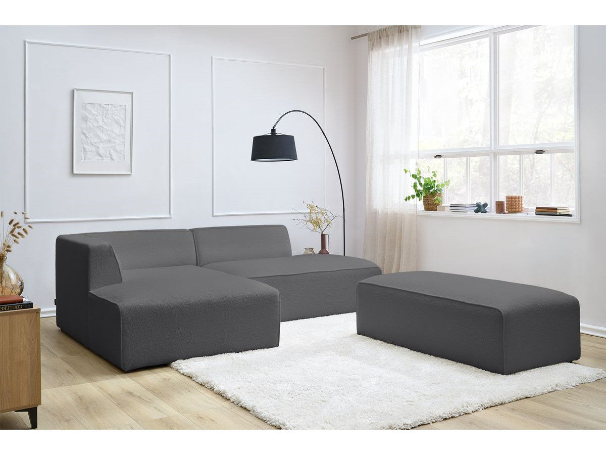 Canapé d'angle fixe modulable MEGEVE tissu bouclette avec pouf Angle gauche
