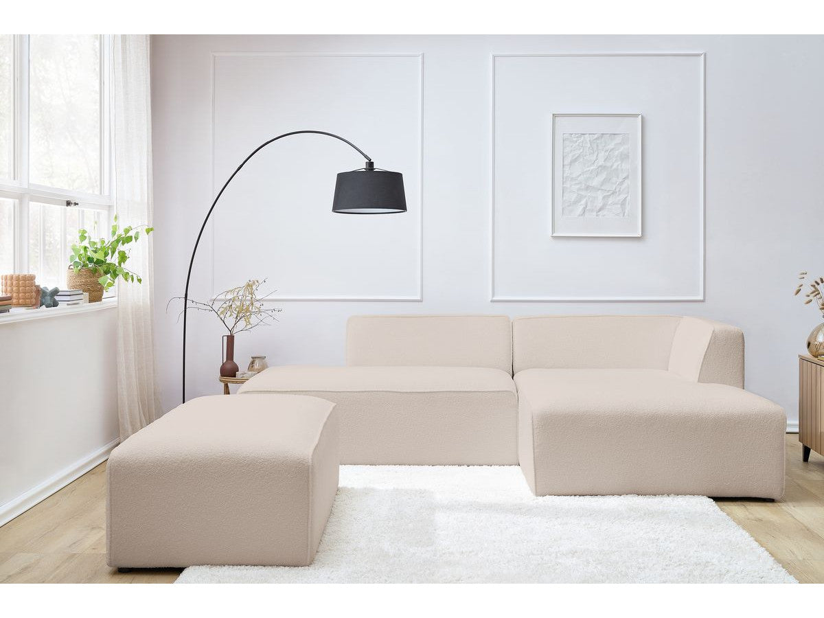 Canapé d'angle fixe modulable MEGEVE tissu bouclette avec pouf Angle droit
