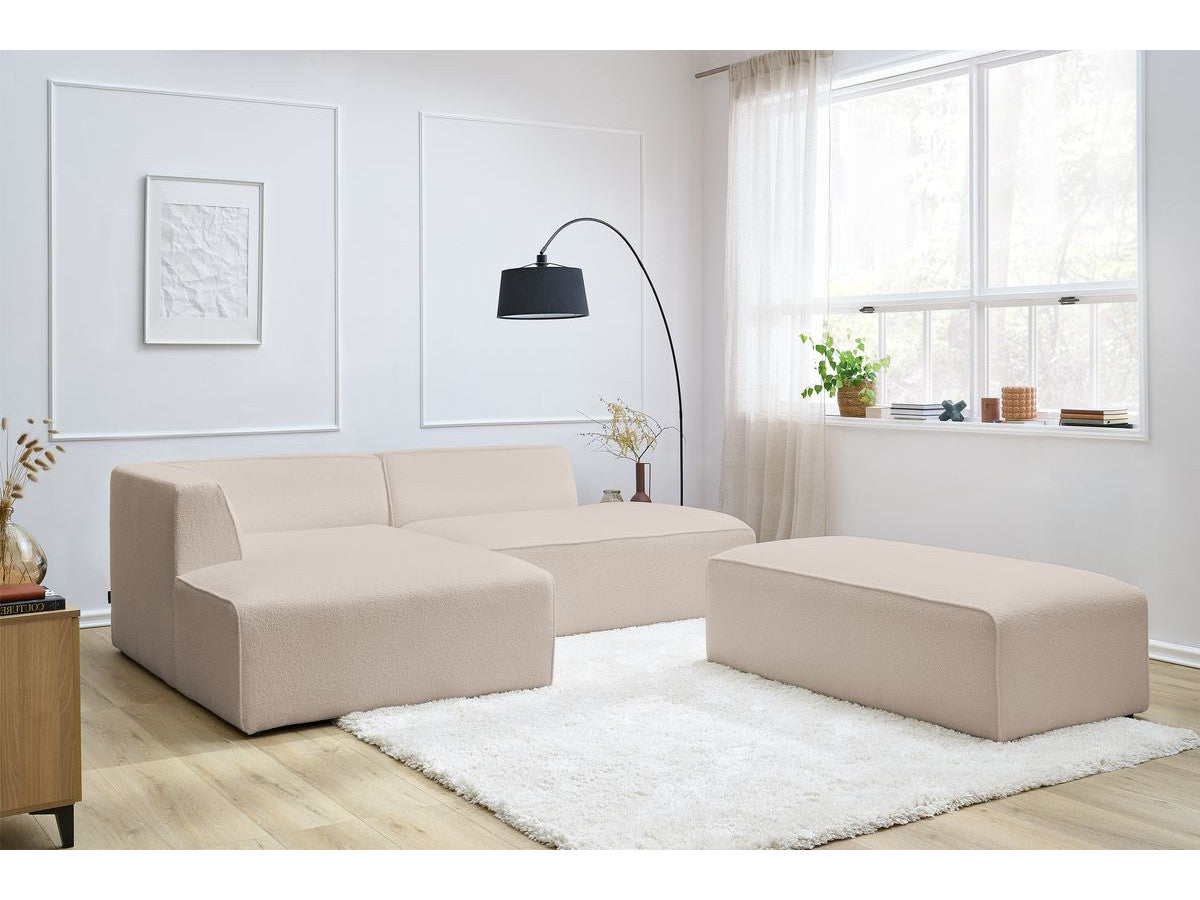 Canapé d'angle fixe modulable MEGEVE tissu bouclette avec pouf Angle gauche