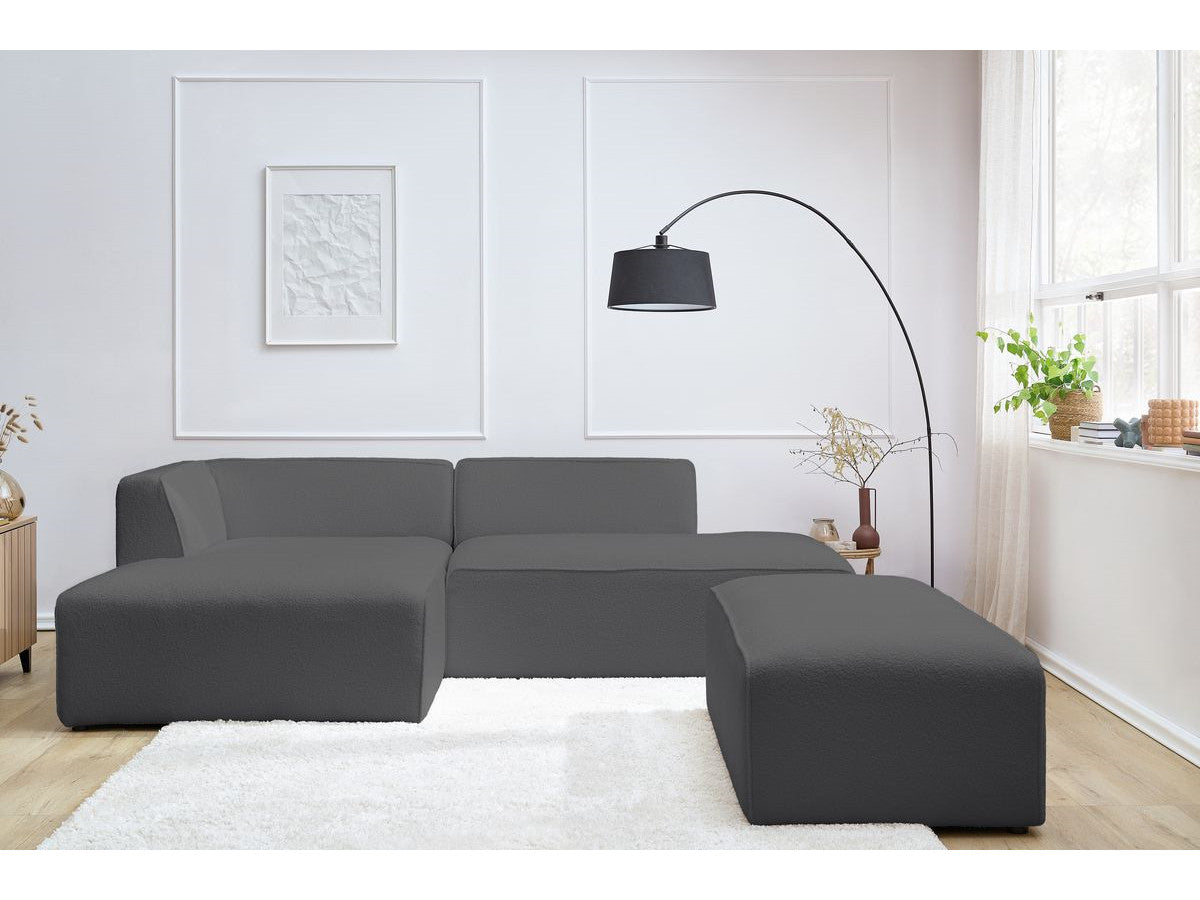 Canapé d'angle fixe modulable MEGEVE tissu bouclette avec pouf Angle gauche