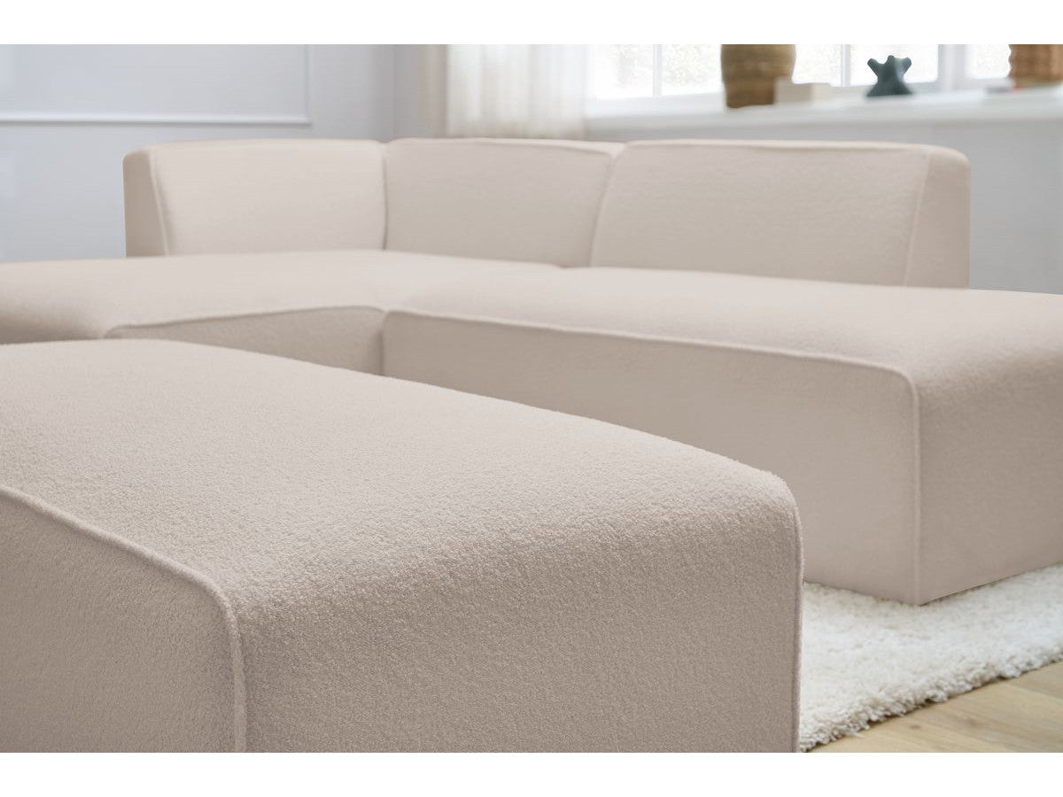 Canapé d'angle fixe modulable MEGEVE tissu bouclette avec pouf Angle gauche