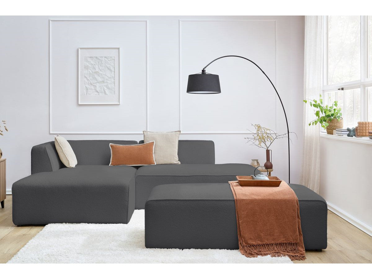 Canapé d'angle fixe modulable MEGEVE tissu bouclette avec pouf Angle gauche