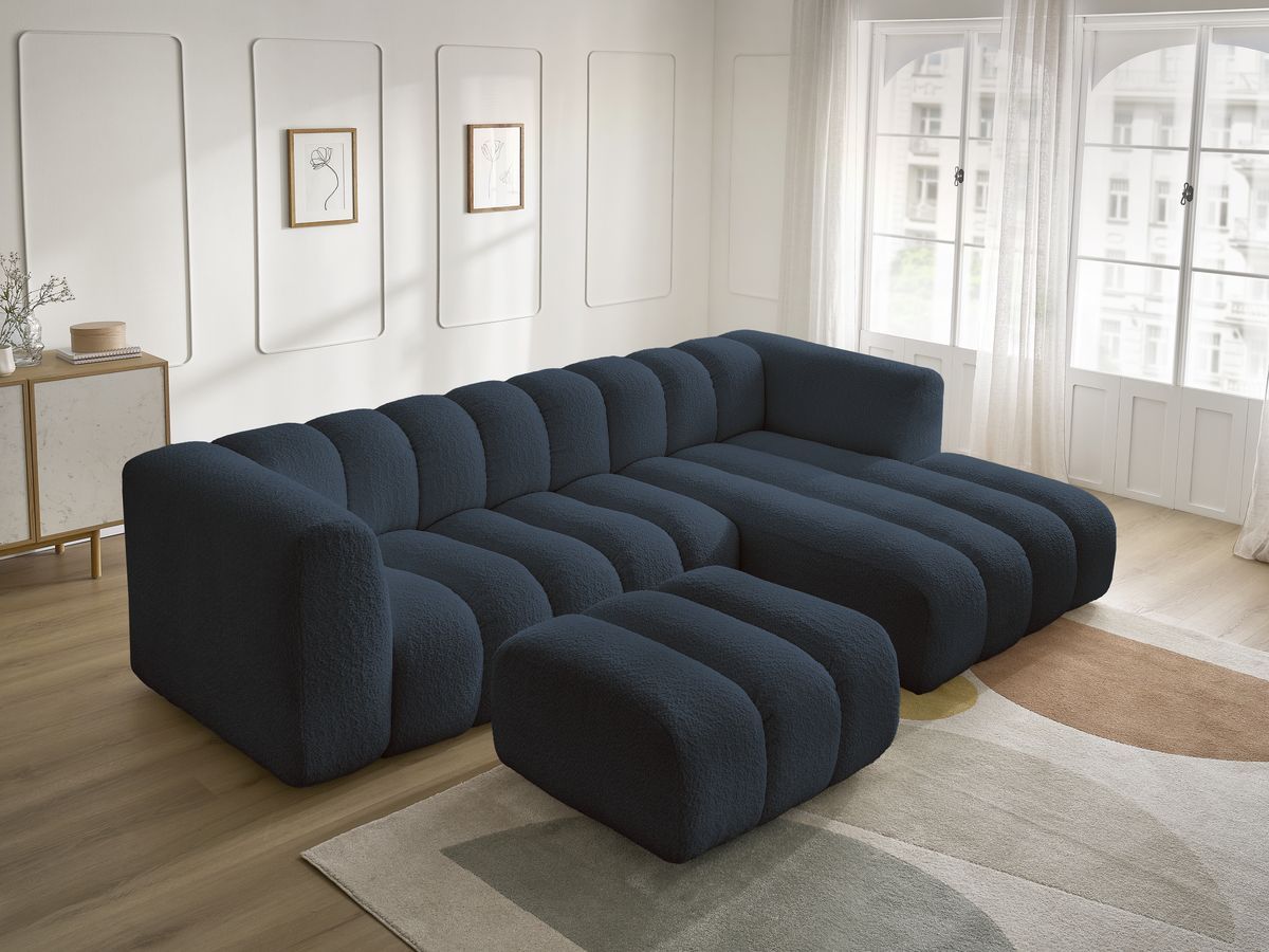 Canapé d'angle fixe TALIA tissu bouclette avec pouf - Angle droit