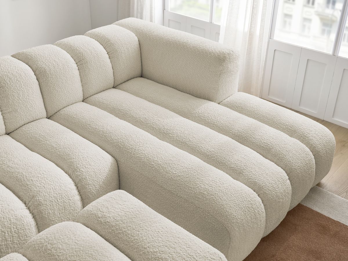Canapé d'angle fixe TALIA tissu bouclette avec pouf - Angle droit
