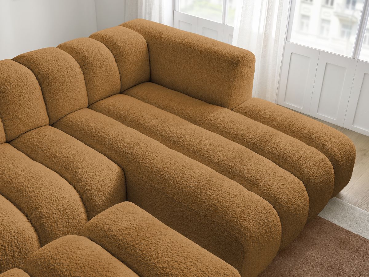 Canapé d'angle fixe TALIA tissu bouclette avec pouf - Angle droit