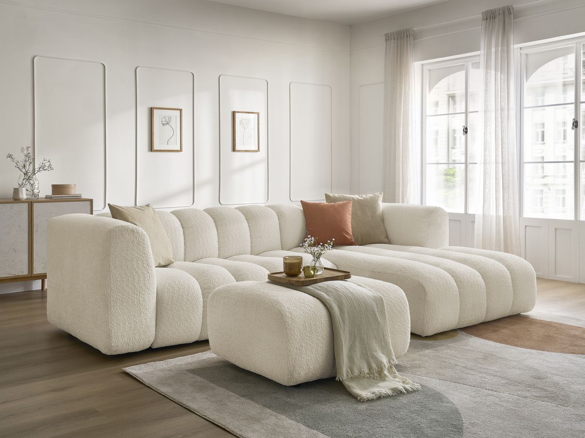 Canapé d'angle fixe TALIA tissu bouclette avec pouf - Angle droit