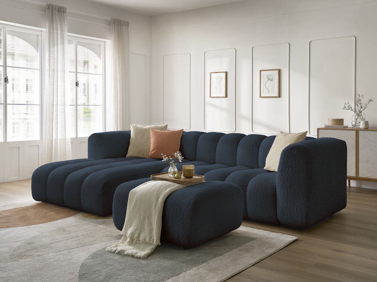 Canapé d'angle fixe TALIA tissu bouclette avec pouf - Angle gauche