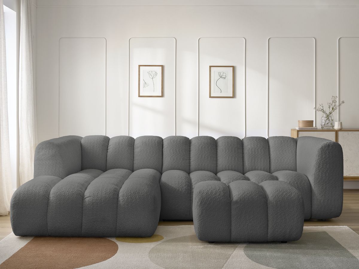 Canapé d'angle fixe TALIA tissu bouclette avec pouf - Angle gauche