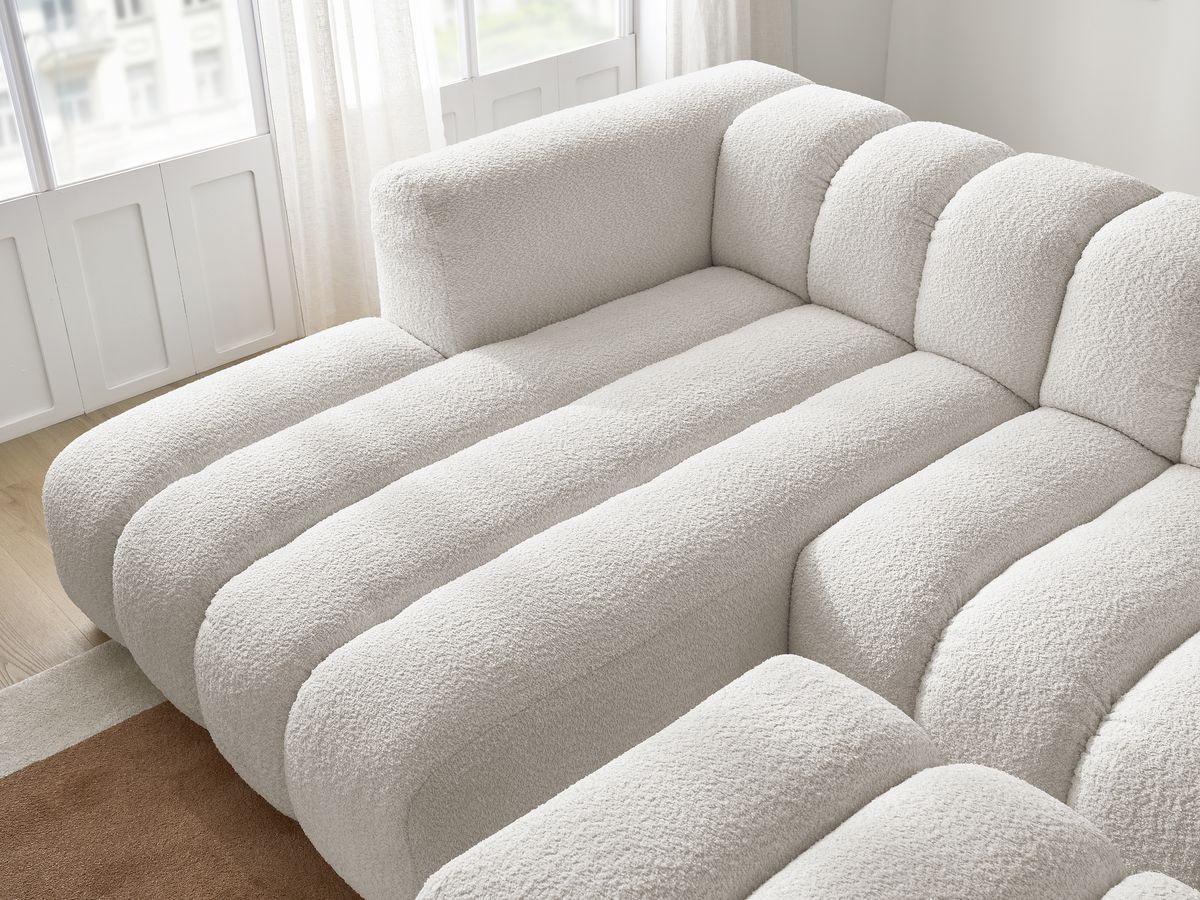 Canapé d'angle fixe TALIA tissu bouclette avec pouf - Angle gauche
