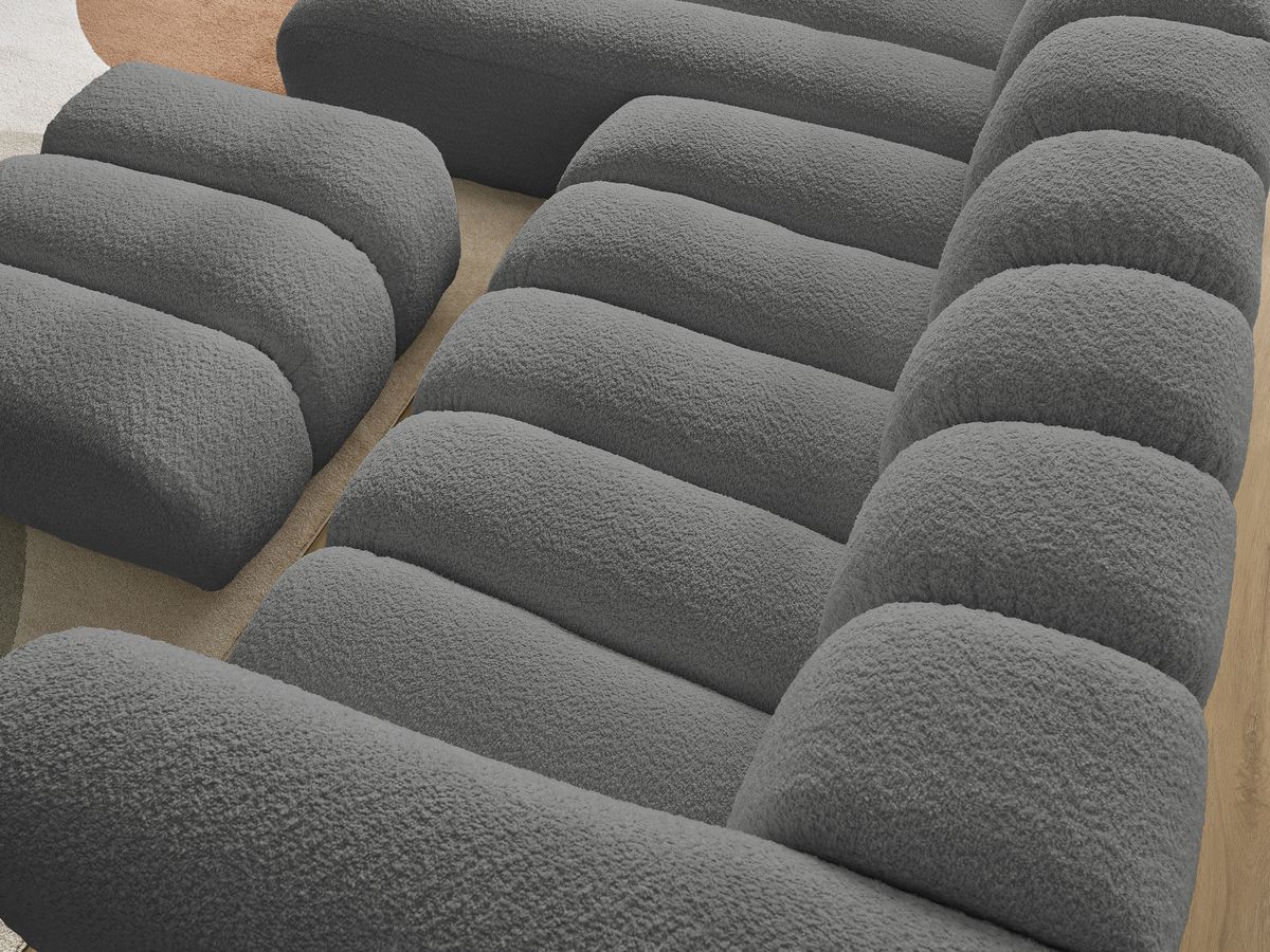 Canapé d'angle fixe TALIA tissu bouclette avec pouf - Angle gauche
