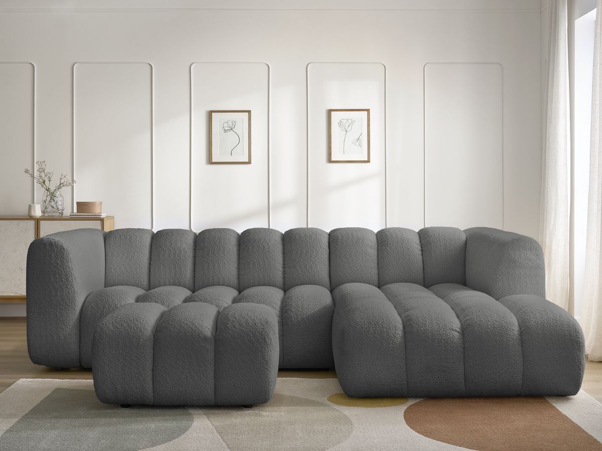 Canapé d'angle fixe TALIA tissu bouclette avec pouf - Angle droit