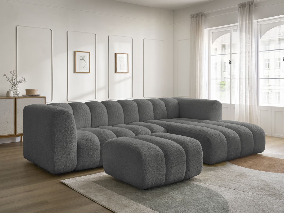 Canapé d'angle fixe TALIA tissu bouclette avec pouf - Angle droit