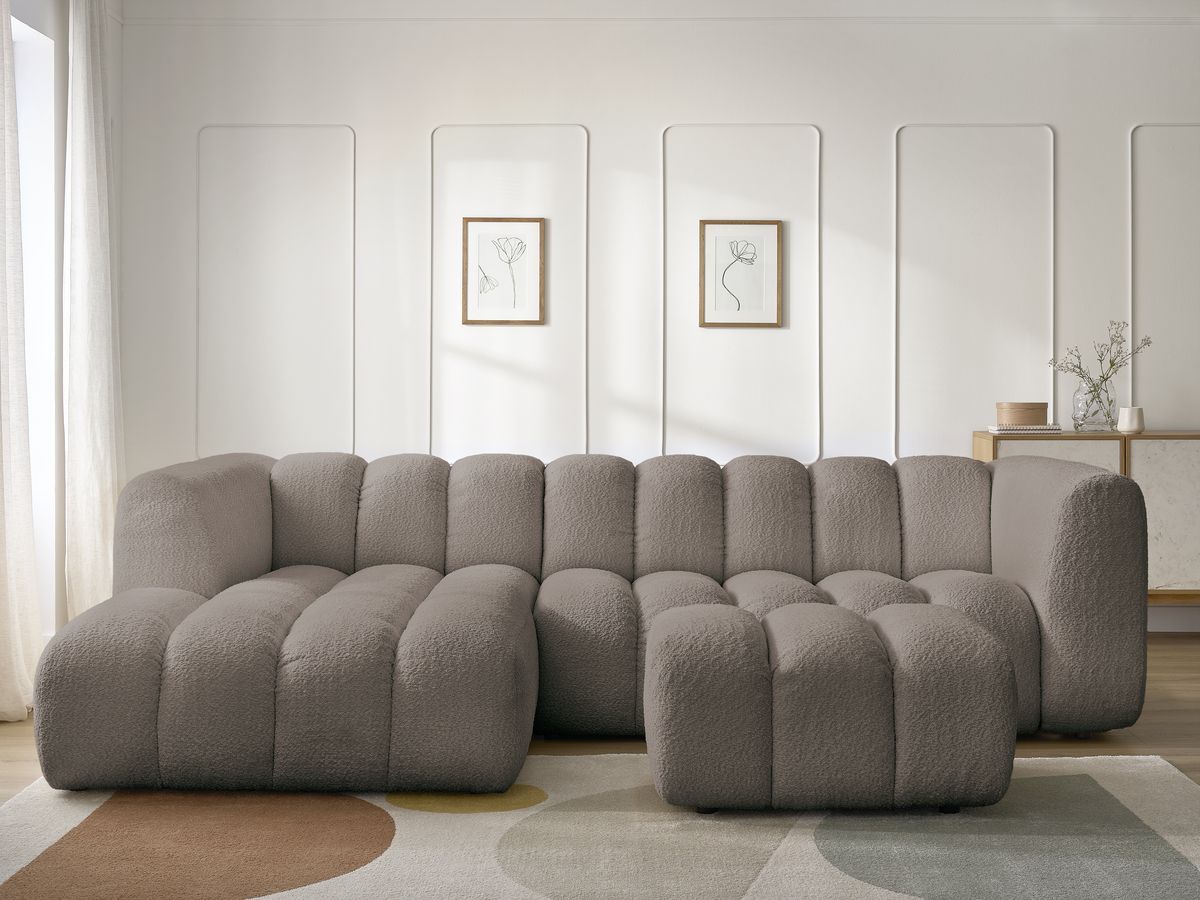 Canapé d'angle fixe TALIA tissu bouclette avec pouf - Angle gauche