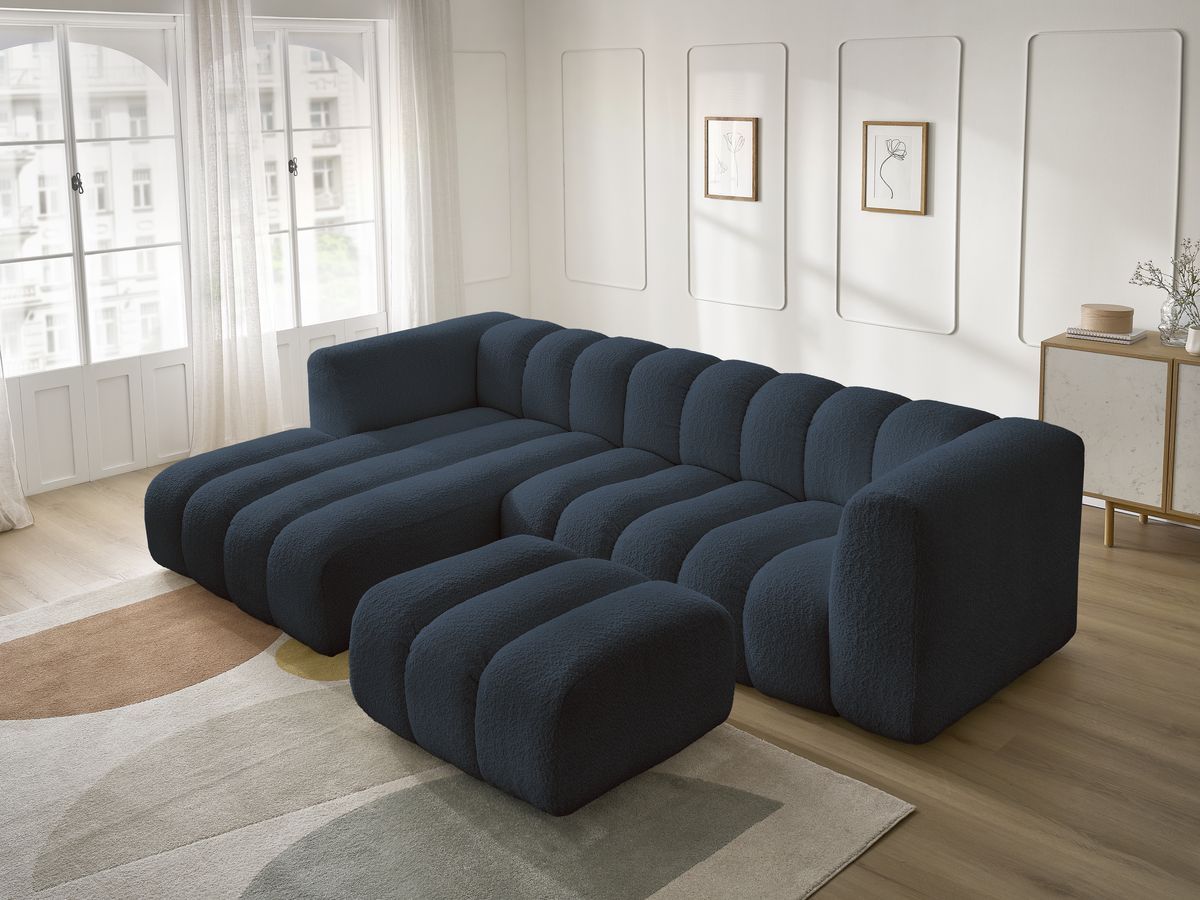 Canapé d'angle fixe TALIA tissu bouclette avec pouf - Angle gauche