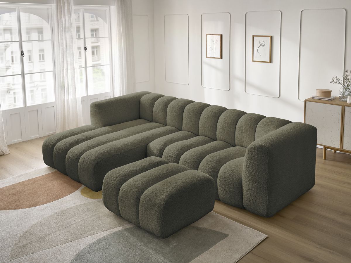 Canapé d'angle fixe TALIA tissu bouclette avec pouf - Angle gauche