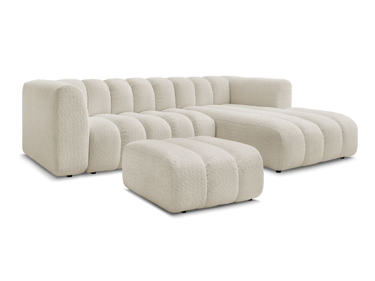 Canapé d'angle fixe TALIA tissu bouclette avec pouf - Angle droit