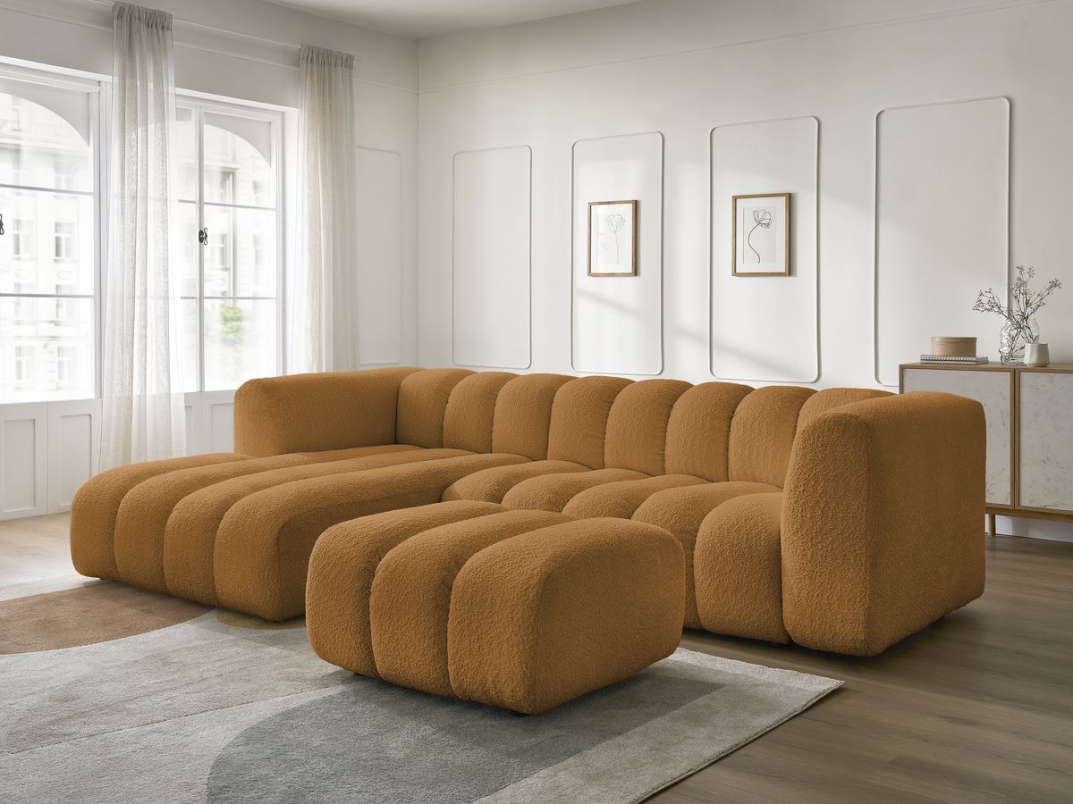 Canapé d'angle fixe TALIA tissu bouclette avec pouf - Angle gauche