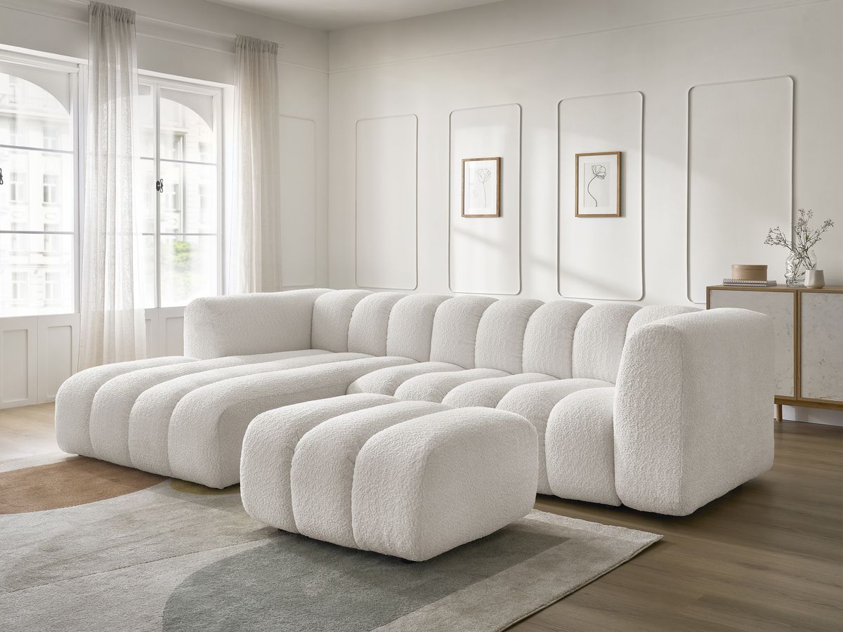 Canapé d'angle fixe TALIA tissu bouclette avec pouf - Angle gauche