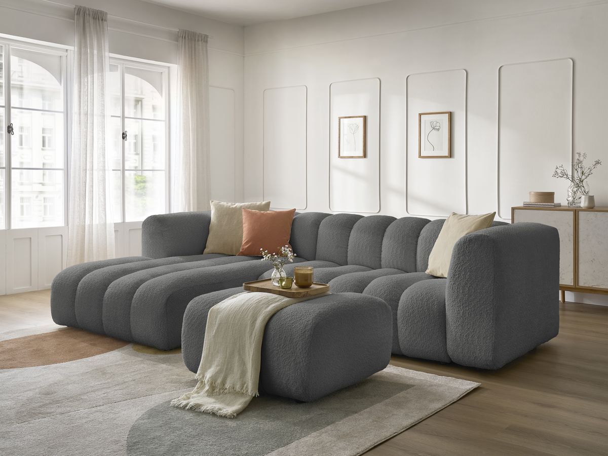 Canapé d'angle fixe TALIA tissu bouclette avec pouf - Angle gauche