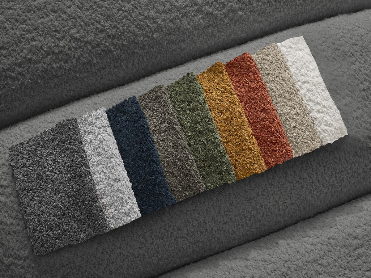 Canapé d'angle fixe TALIA tissu bouclette avec pouf - Angle gauche