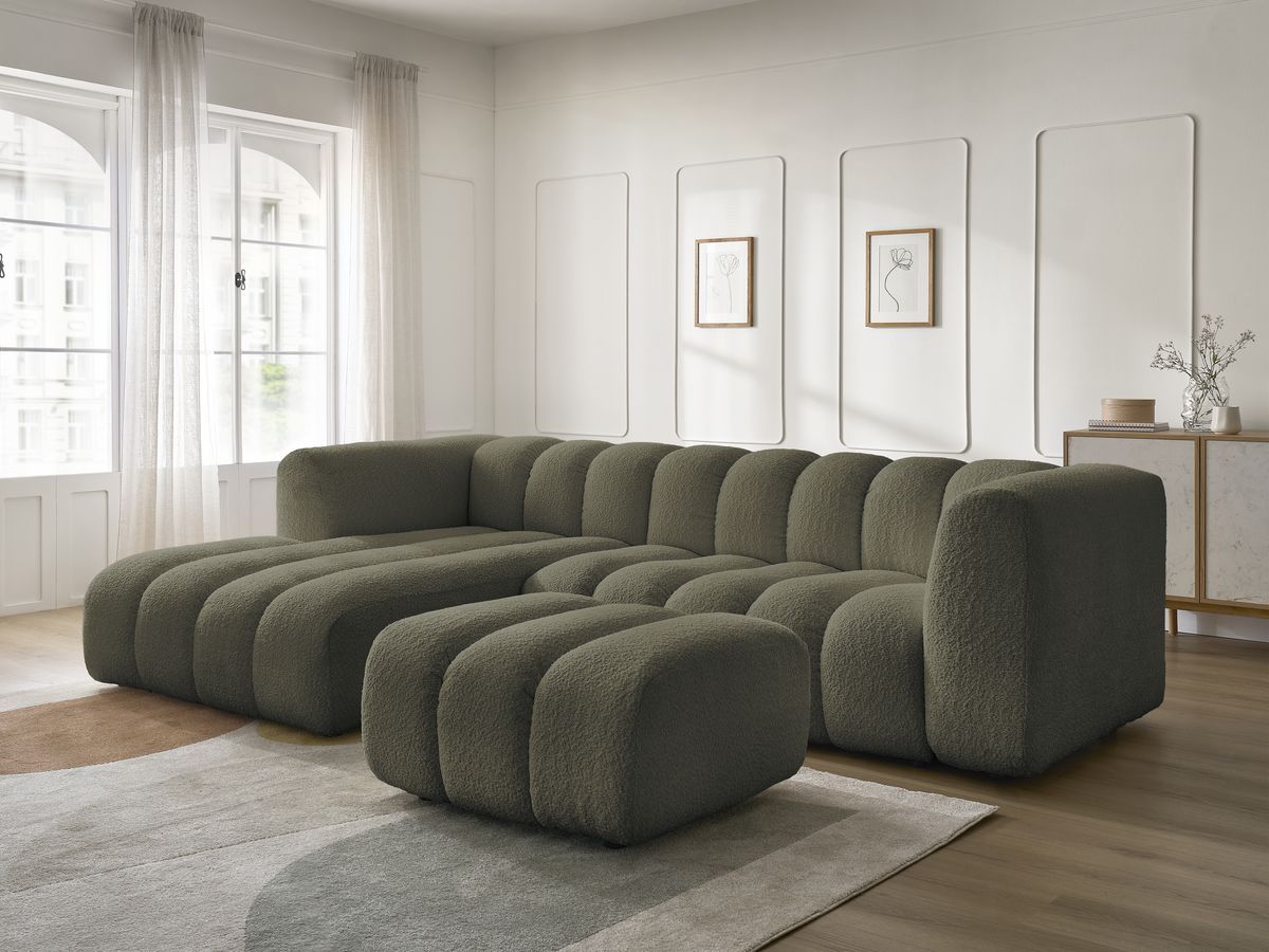 Canapé d'angle fixe TALIA tissu bouclette avec pouf - Angle gauche