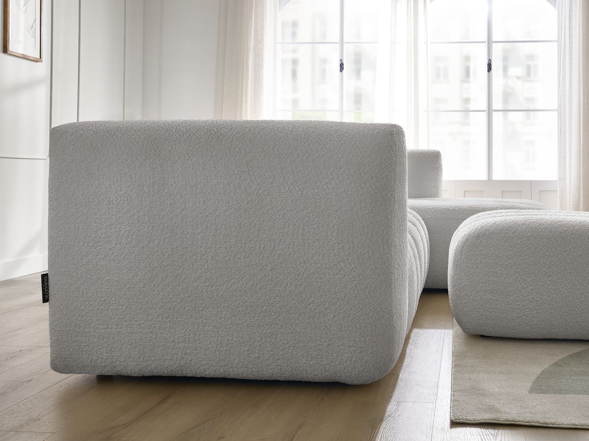Canapé d'angle fixe TALIA tissu bouclette avec pouf - Angle droit