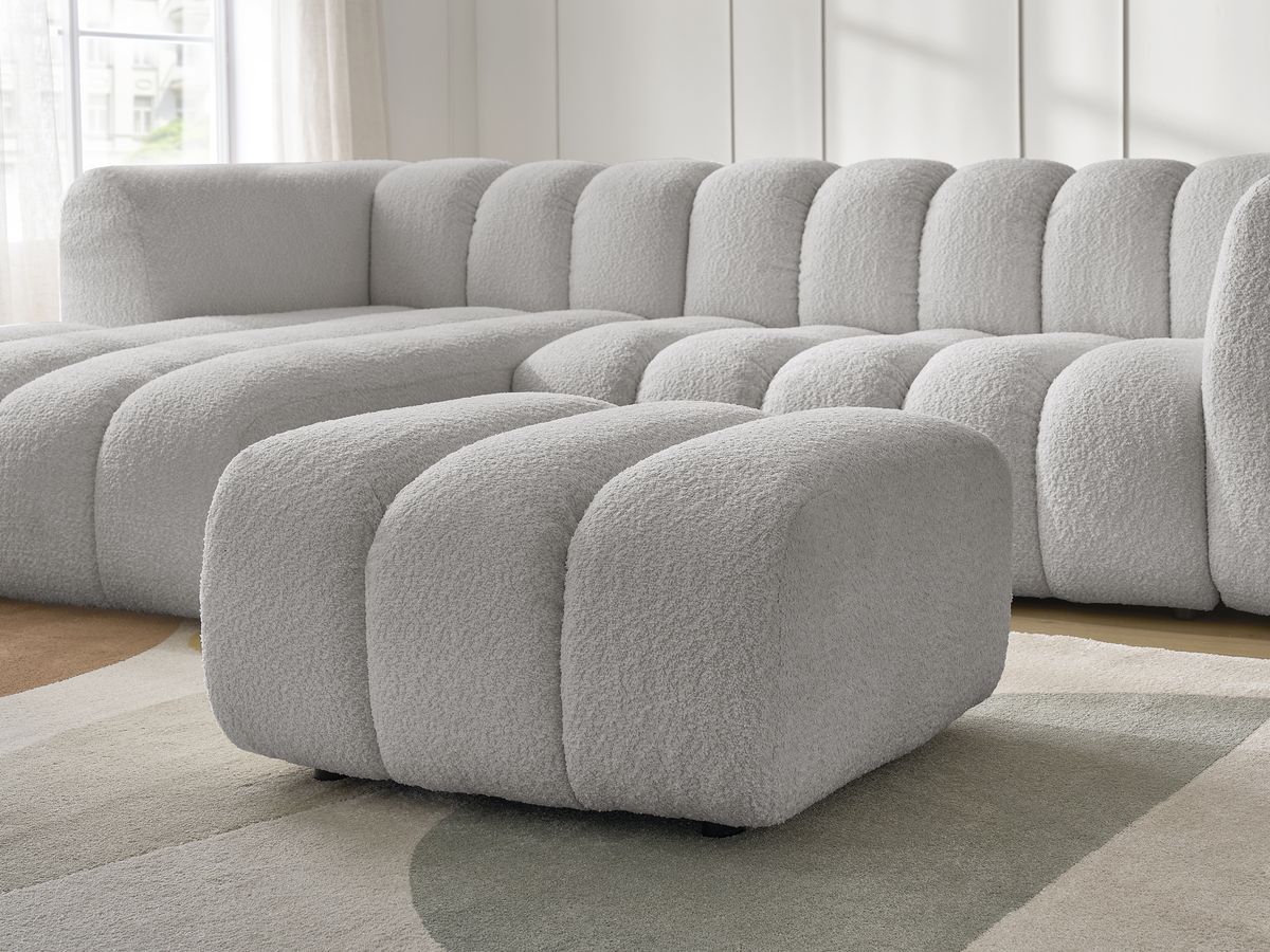 Canapé d'angle fixe TALIA tissu bouclette avec pouf - Angle gauche