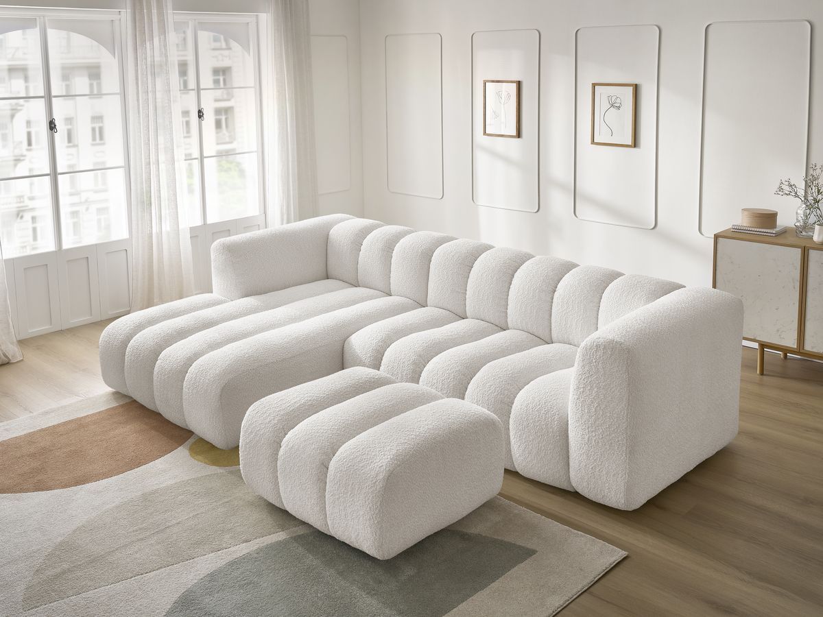 Canapé d'angle fixe TALIA tissu bouclette avec pouf - Angle gauche