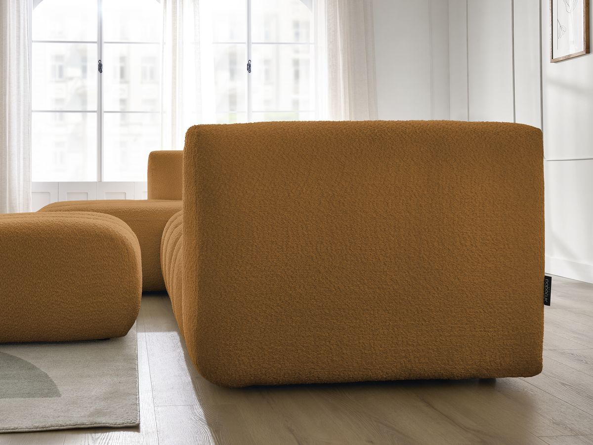 Canapé d'angle fixe TALIA tissu bouclette avec pouf - Angle gauche