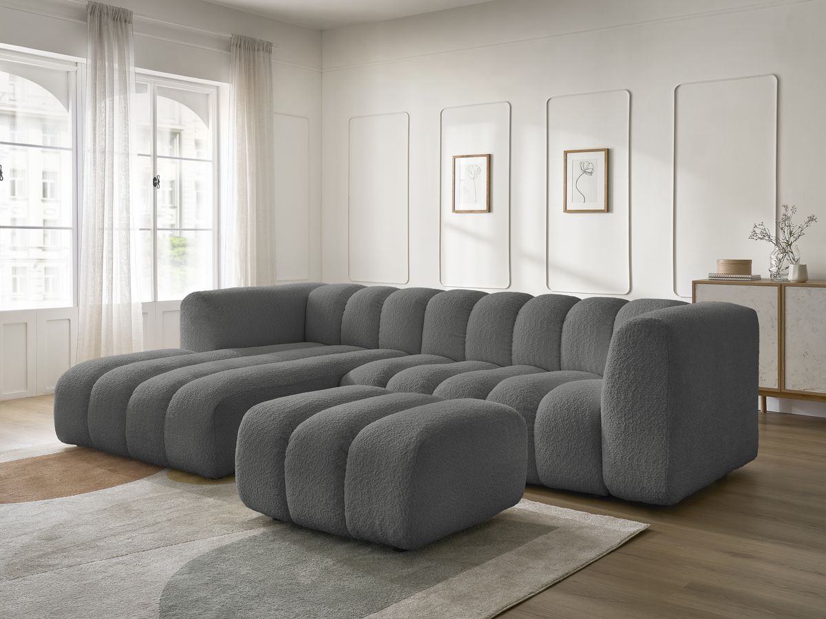 Canapé d'angle fixe TALIA tissu bouclette avec pouf - Angle gauche