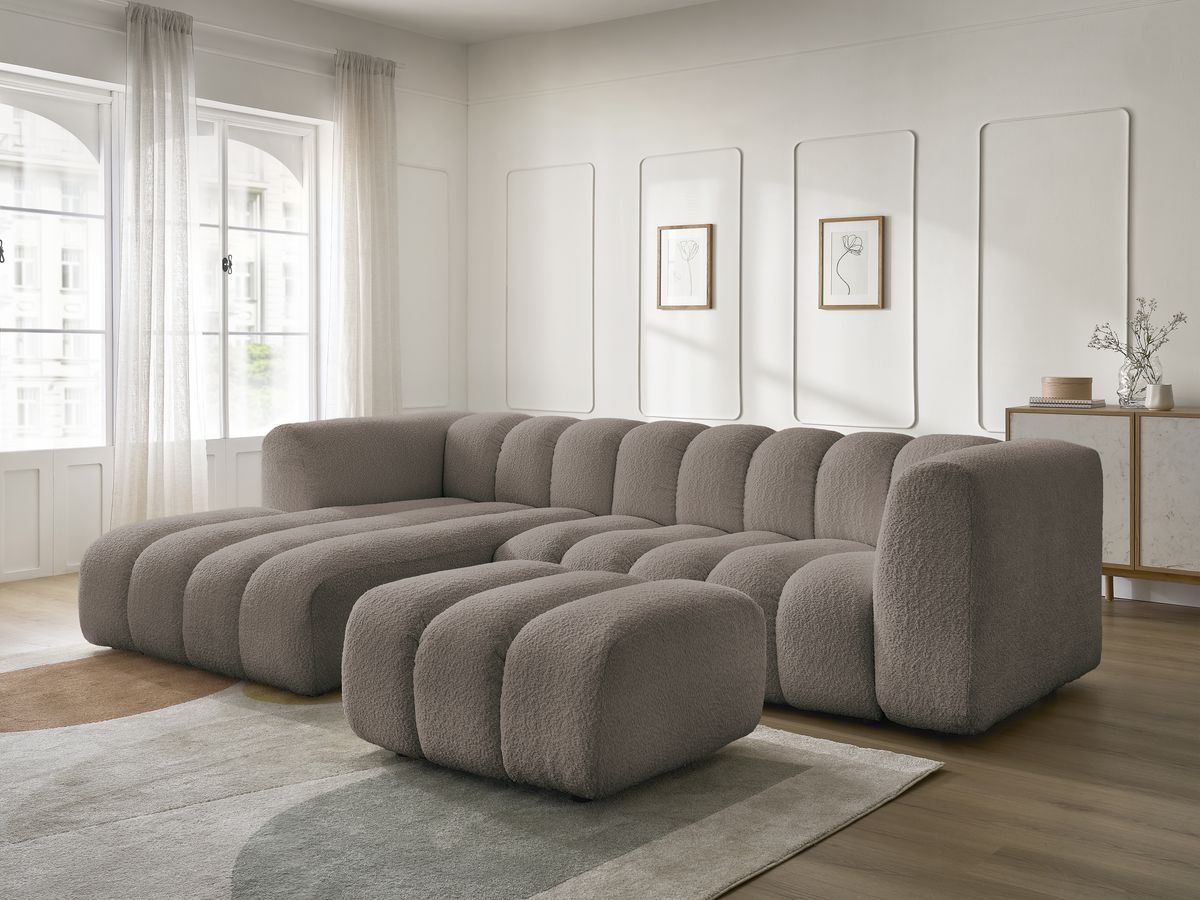 Canapé d'angle fixe TALIA tissu bouclette avec pouf - Angle gauche