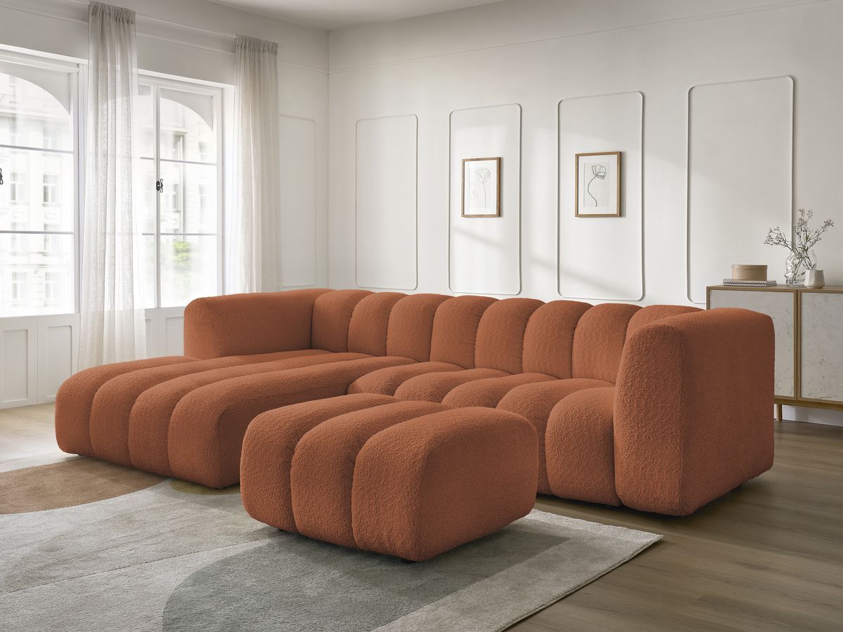 Canapé d'angle fixe TALIA tissu bouclette avec pouf - Angle gauche