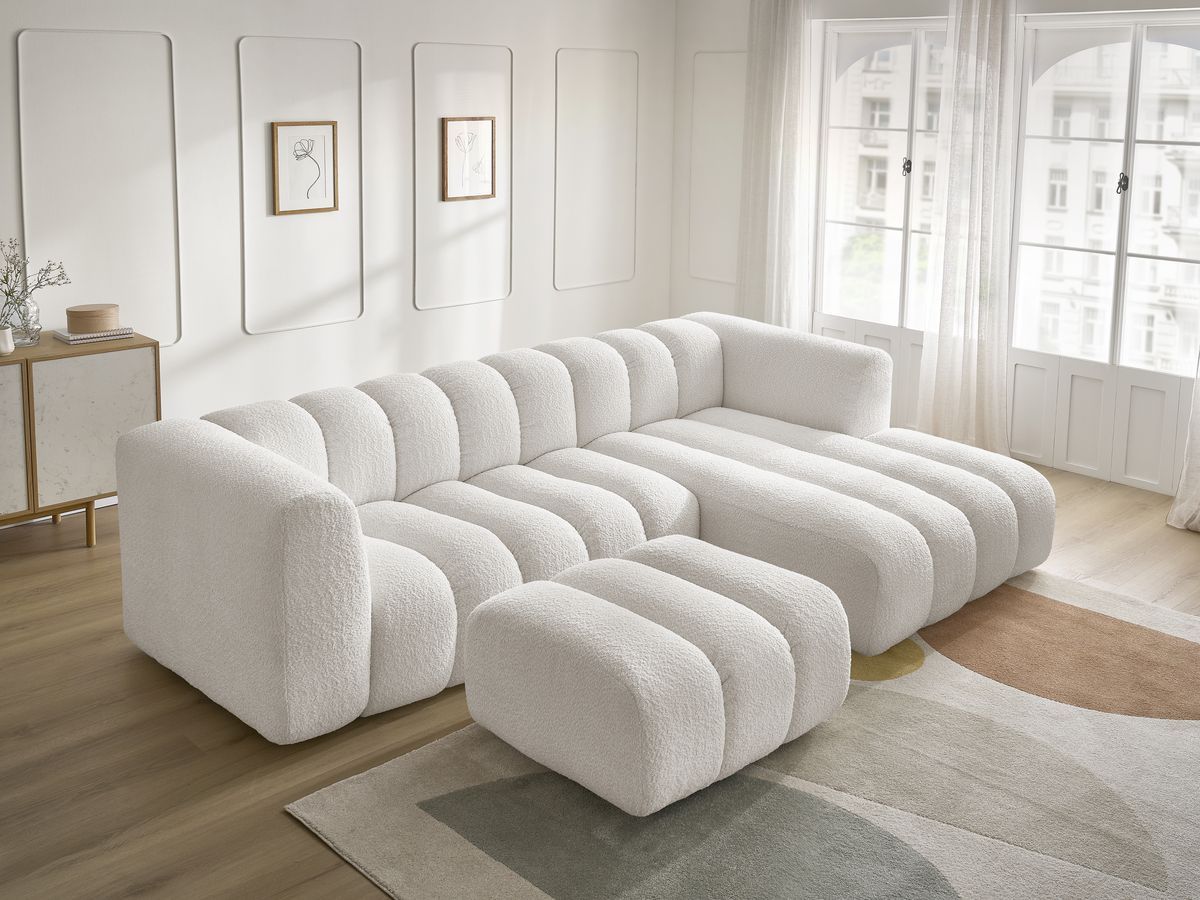 Canapé d'angle fixe TALIA tissu bouclette avec pouf - Angle droit