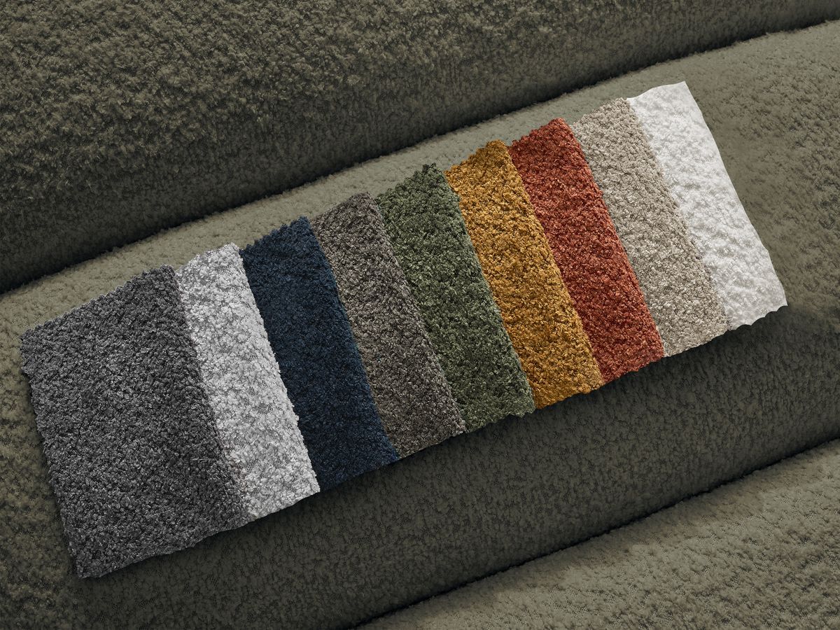 Canapé d'angle fixe TALIA tissu bouclette avec pouf - Angle gauche