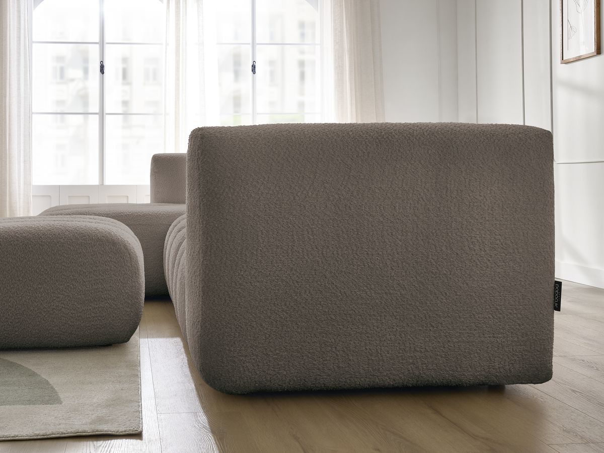 Canapé d'angle fixe TALIA tissu bouclette avec pouf - Angle gauche