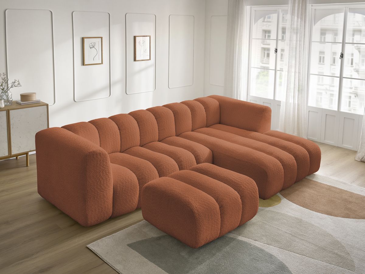 Canapé d'angle fixe TALIA tissu bouclette avec pouf - Angle droit