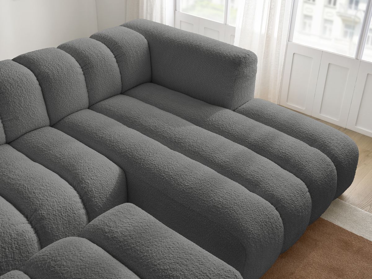 Canapé d'angle fixe TALIA tissu bouclette avec pouf - Angle droit
