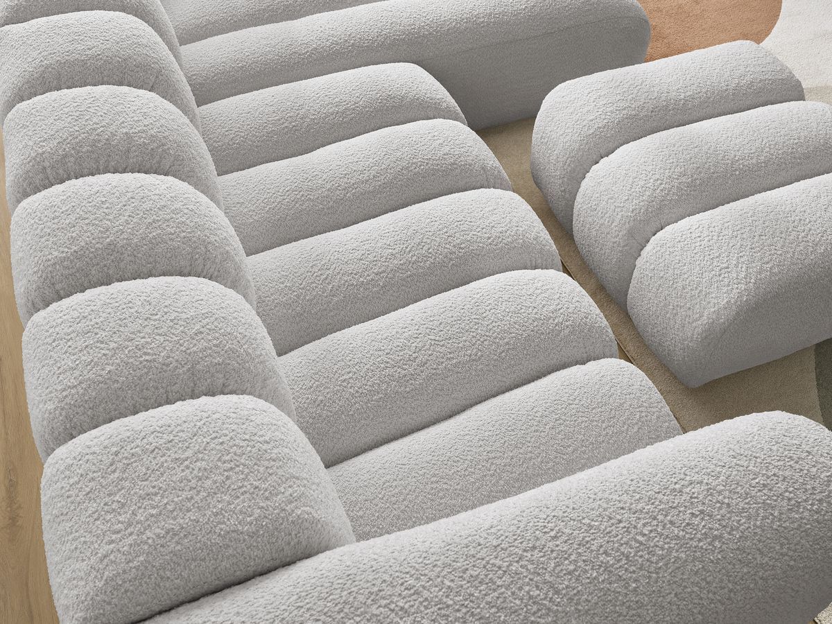 Canapé d'angle fixe TALIA tissu bouclette avec pouf - Angle droit