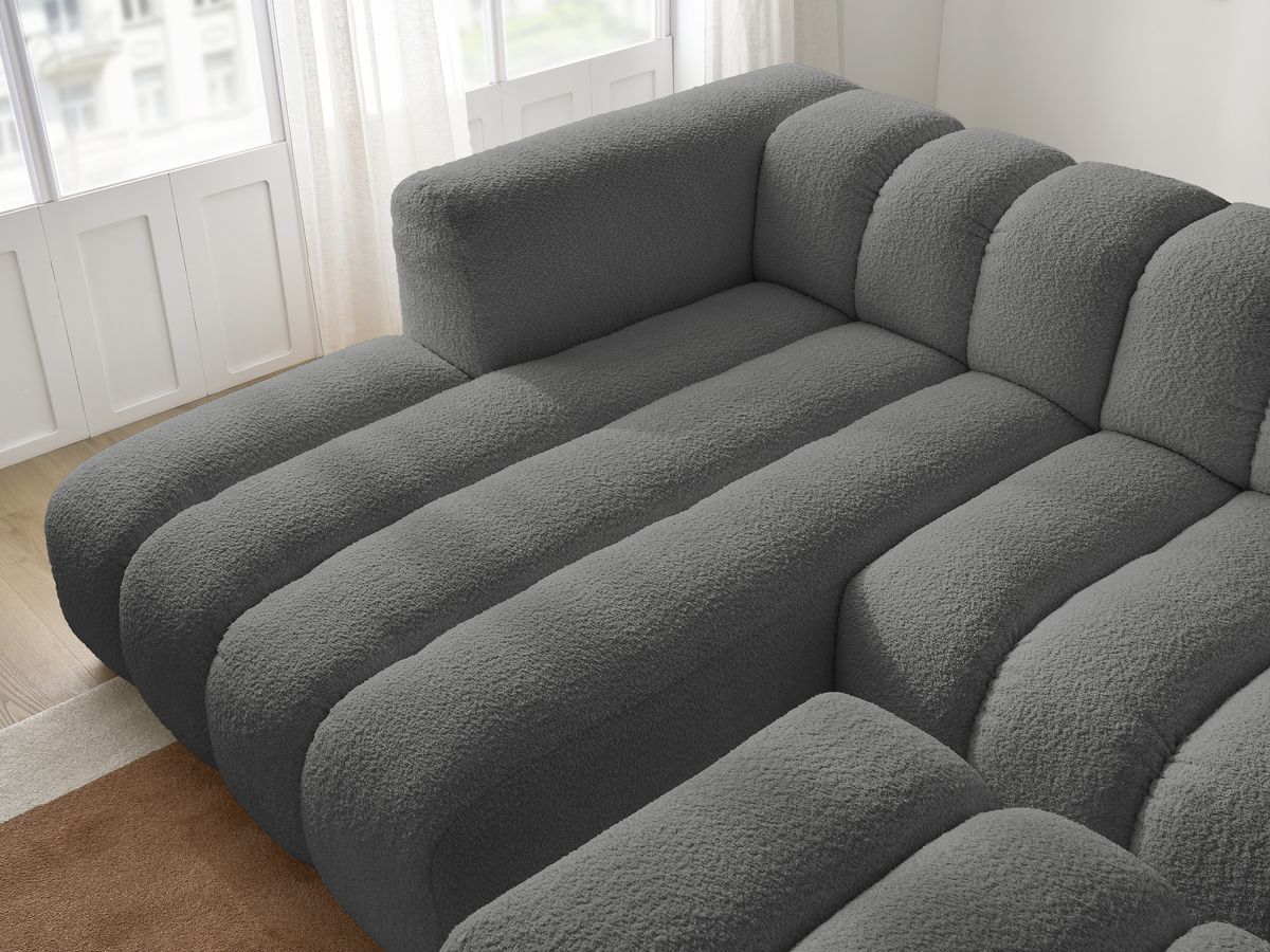 Canapé d'angle fixe TALIA tissu bouclette avec pouf - Angle gauche