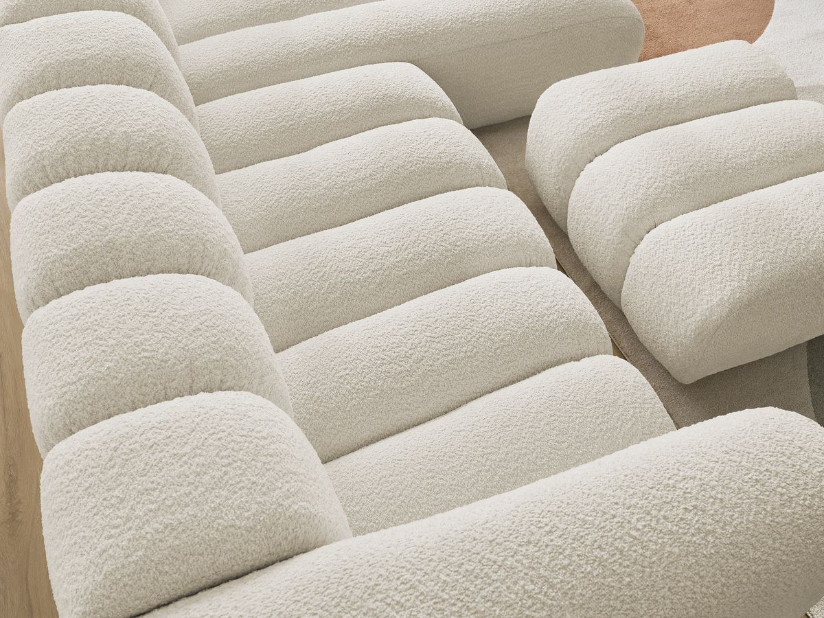 Canapé d'angle fixe TALIA tissu bouclette avec pouf - Angle droit